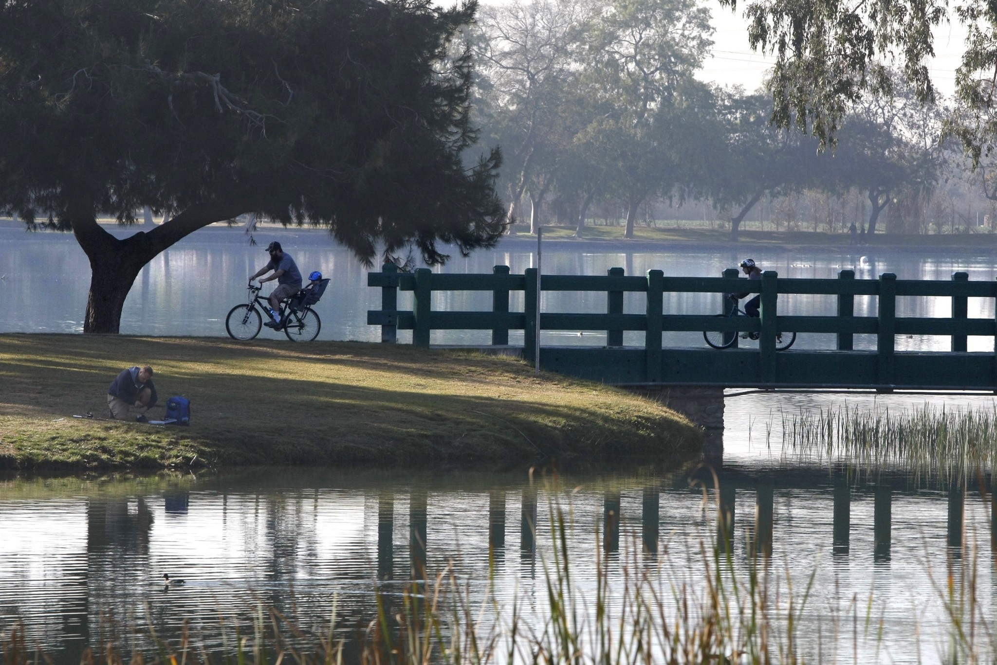 People riding their bikes at the park.