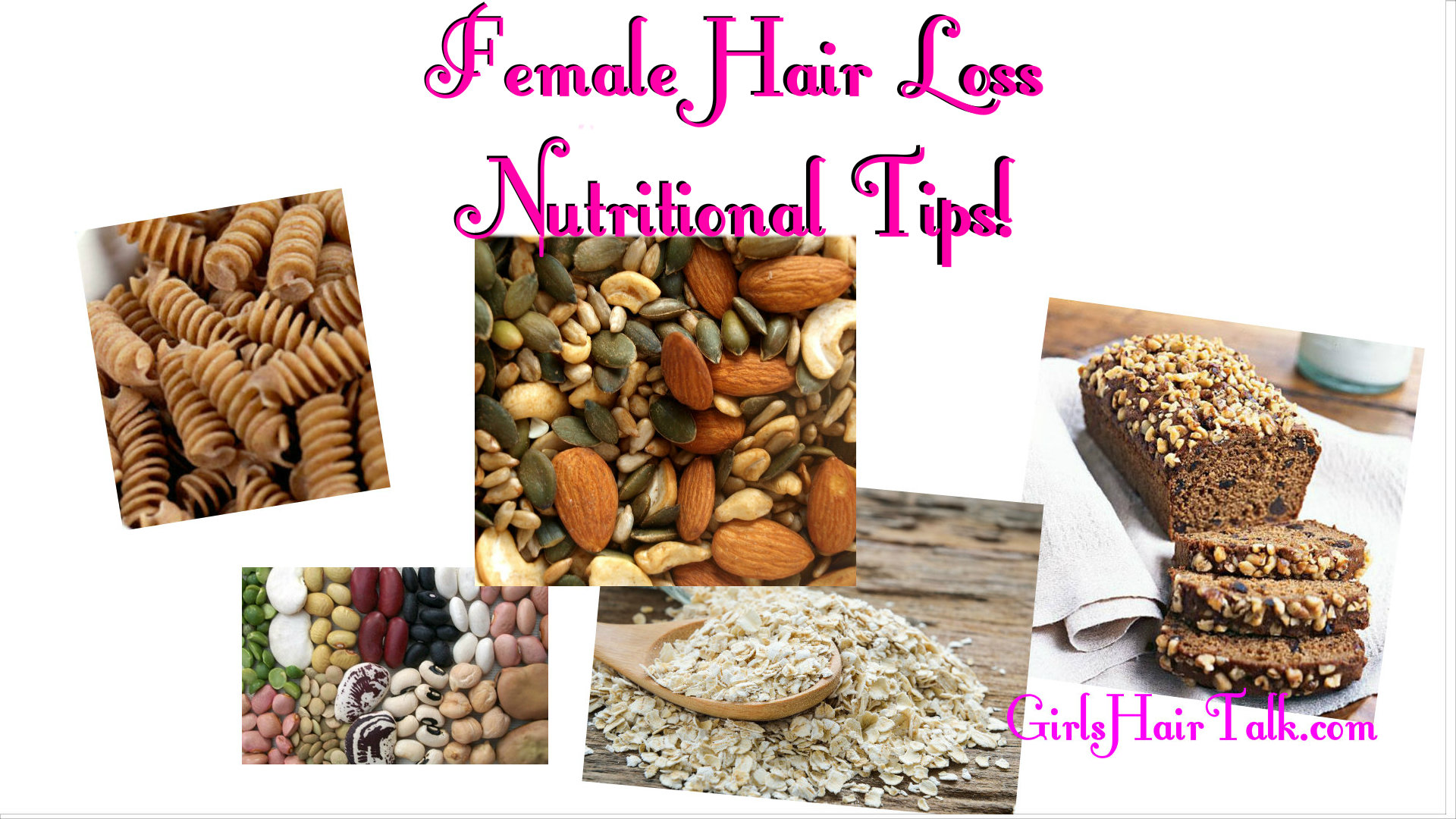 Nutrition pictures that help hair growth such as brown rice, 100% whole wheat pasta and wheat bread.